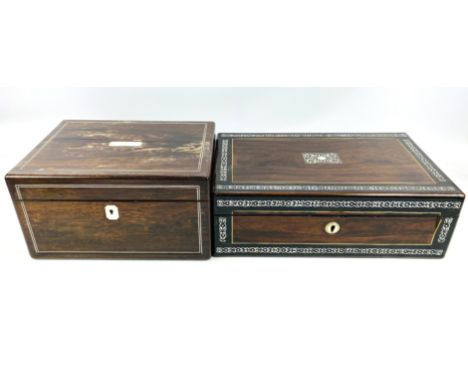 A 19th century mother of pearl inlaid rosewood travelling vanity case, complete with a fitted interior containing lidded jars