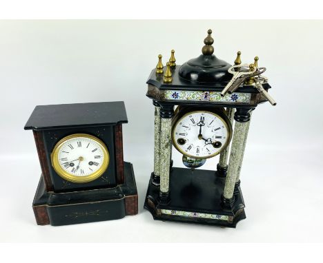 Two items to include a late 19th century decorative French slate and marble Portico clock with an enamelled Roman numeral dia