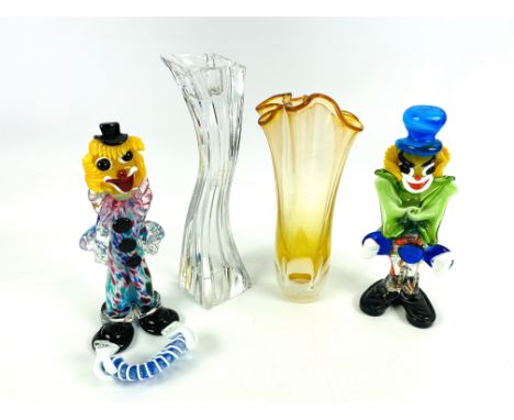 A collection of four pieces of art glass: a signed Kenneth Turn london candlestick; together with a signed handkerchief vase,