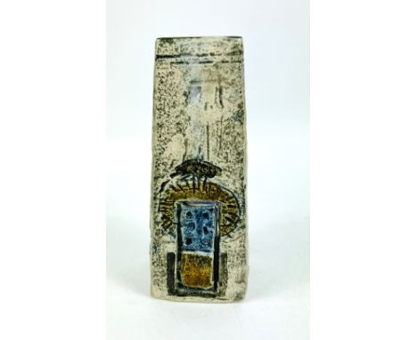 A Troika pottery Coffin vase, signed to the underside by artist Linda Taylor, circa 1970, 6.5cms wide x 5.5cms deep x 17.5cms