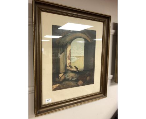 A colour print after A. Helsing : Coastal view through a door, in gilt frame and mount, signed in pencil, 44cm by 35cm.