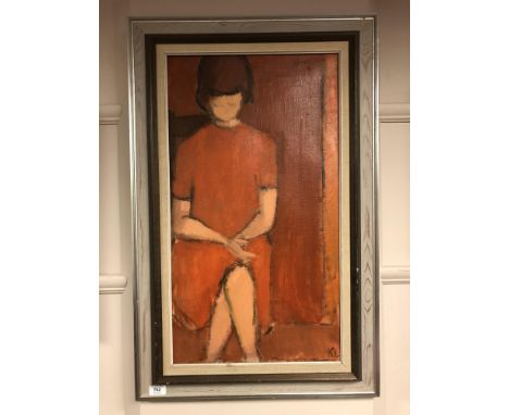 Continental school : Portrait of a girl in red dress, oil-on-canvas, in frame and mount, initialed K.L., 69cm by 37cm.