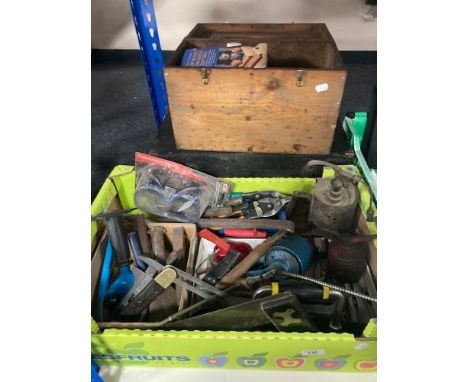 Two wooden tool boxes containing tools together with a further box of oil cans, hand tools, bolster etc.