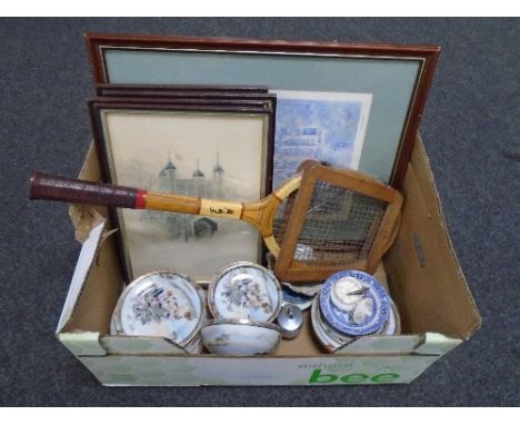 A box of vintage Slazenger tennis racket, Japanese eggshell china, pictures  etc 