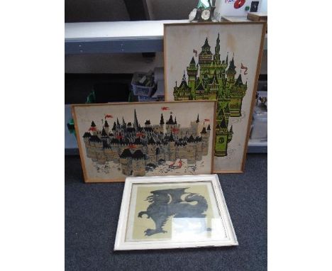 A colour print after Victoria Gillick : Black Dragon, together with two further prints depicting castles.
