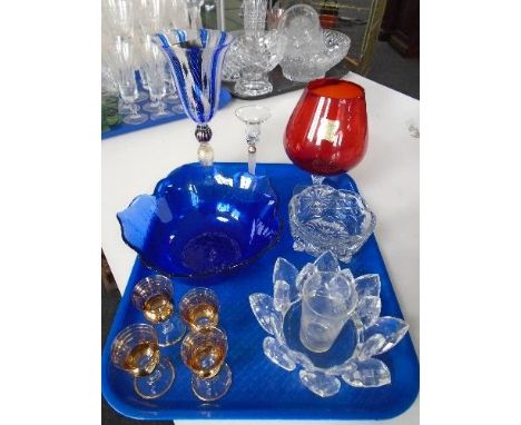 A tray of coloured glass, ruby tinted glass and crystal 