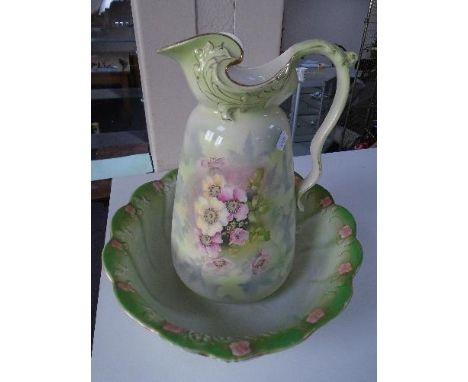 An Edwardian transfer printed jug and basin set 