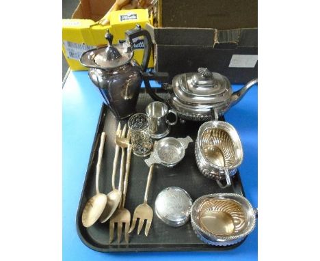 A tray of silver plated tea service, serving spoon and forks 