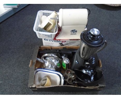 A box of kitchenware including food mixer, enamel dishes, meat grinder, Champion 2000+ masticating juicer