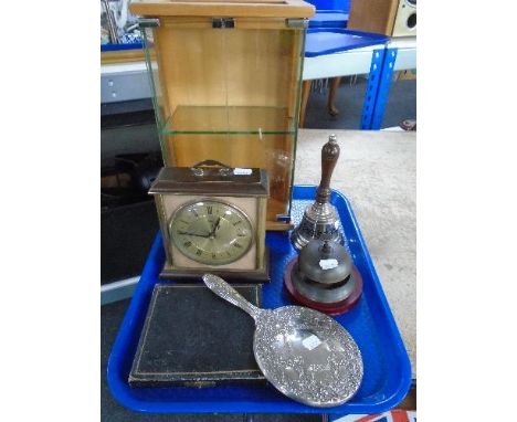 A tray of display cabinet, hand bell, Metamec mantel clock etc 