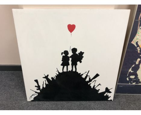 A canvas print after Banksy : Kids on Guns, 76cm by 76cm.