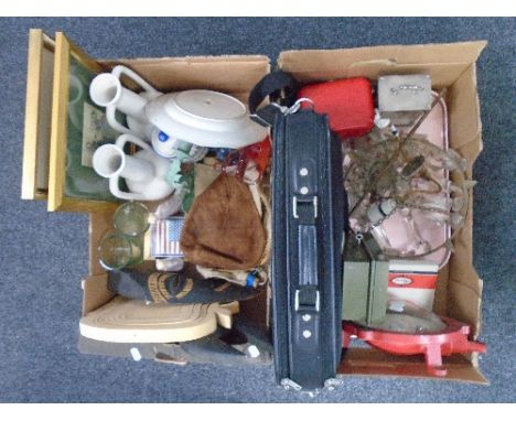 Two boxes of glazed plates, lap top case, metal box, light fitting, masks etc 
