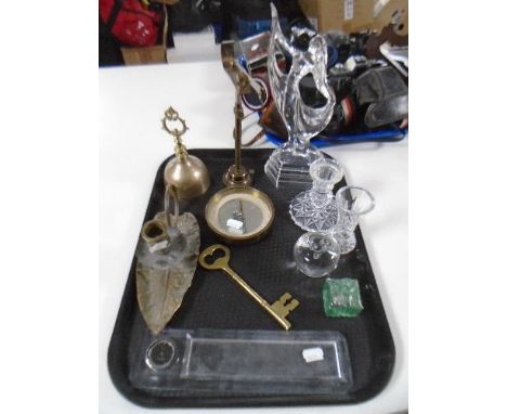 A tray containing brass items including a compass, oversized key together with assorted glassware including Villeroy and Bosc