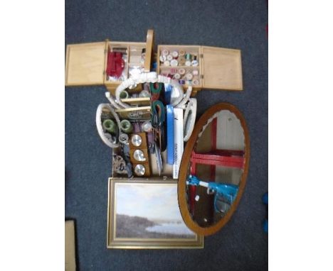 A concertina sewing box with contents together with a further box of Burberry pattern scarf, triple dressing table mirror, ch