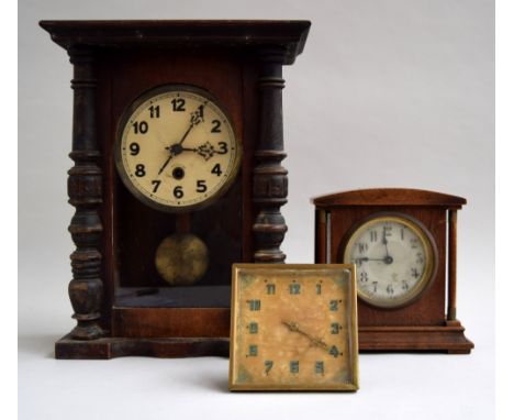 A teak mahogany mantle clock, an Art Deco style clock by D.R.P. Germany and one other