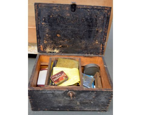 A vintage black painted workbox with associated tools 39 x 27 x 55cm