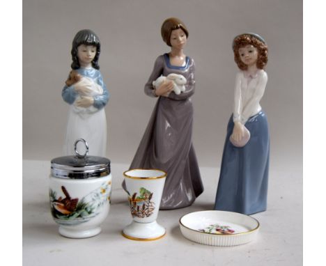 Three Lladro figurines of girls 25cmH each plus three pices of Royal Worcester - egg cup, pin dish and preserve jar (6)