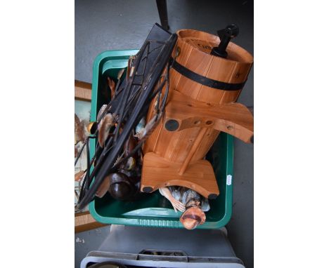 A mixed lot to include a Grant's of Scotland whisky barrel, a ceramic figure of a woodsman and a carved figured of an old man
