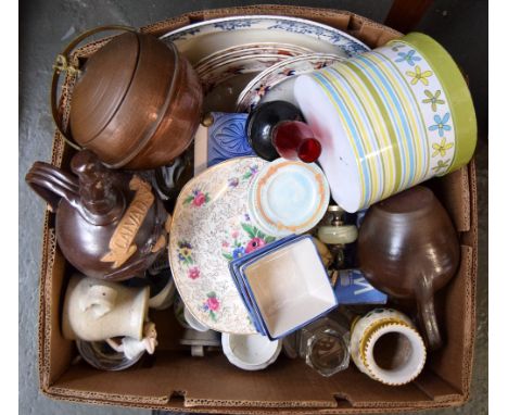 A mixed lot to include several earthenware calvados jugs, imari style plates and a brass ice bucket with lion finial to top a