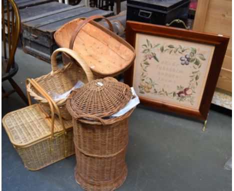 Mixed lot to include a firescreen 60 x 62cm decorated with a tapestry alphabet ,2 wicker baskets, a rug and a wicker linen ba