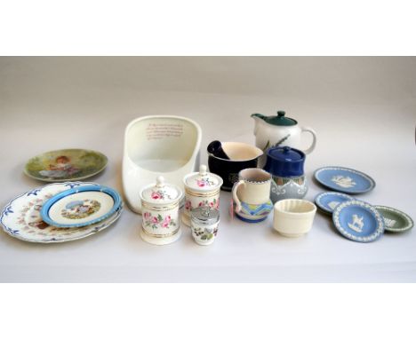 MIxed lot of ceramics including 5 Royal Doulton Jasper Ware plates, a ceramic slipper bedpan,chocolate fondue and other items