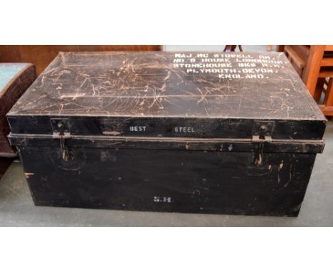 A black metal military trunk