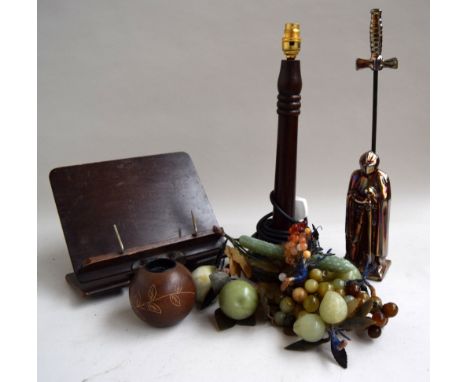 A mixed lot ot include a wooden lectern, a wooden turned table lamp, a fire companion in the shape of a knight with associate