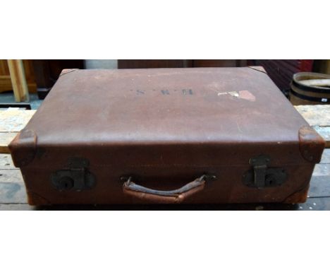 A vintage suitcase with fitted interior and straps bearing the intials H.W.S. 61 x 38 x 22cm together with a cane braced trav