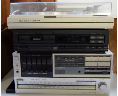 A 1960/70s stack music system comprising a Fisher turntable, a graphic equaliser, Goodman CD player and Fisher stereo tuner (