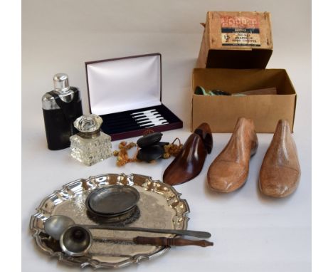 A vintage boxed Harper enamelled food chopper, cut glass ink well, hip flask, pewter spoon, pair of ladies wooden shoe trees 