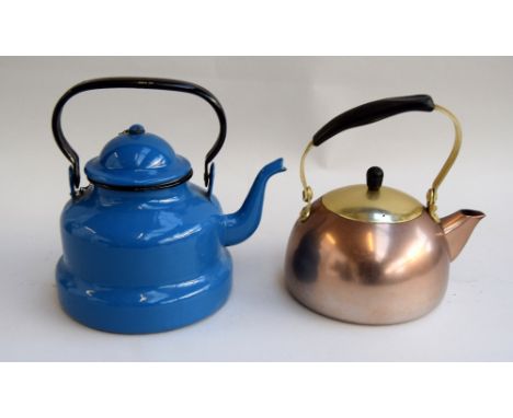 A blue enamel kettle with a copper and brass kettle suitable for use on an Aga or similar stove/range (2)