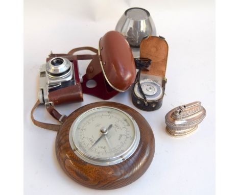 Beirette Junior II 35m camera in case with vintage Boots light meter, a small wall barometer and a Ronson 'Queen Anne' cigare