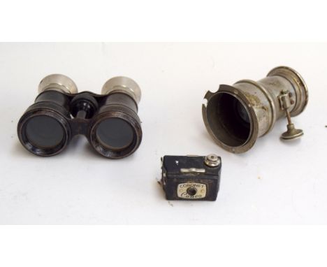 Early 20thC projector lens, pair of binoculars and a miniature "Coronet Cameo" camera.