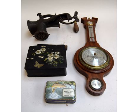 A mixed box to include a vintage Kendrick meat grinder, a Japanned jewellery box a banjo barometer, John Watts cased cuthroat