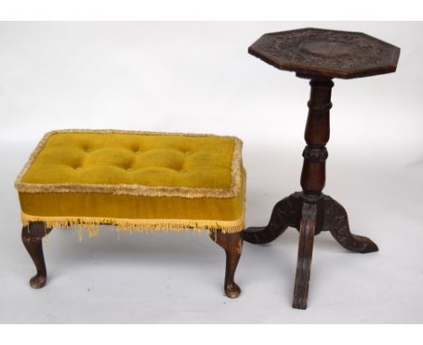 An octagonal side table on tripod base together with an upholstered foot stool