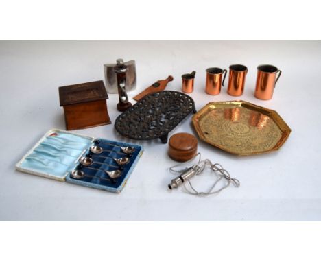 Mixed lot including a Metropolitan police whistle (J Hudson & Co), boxed spoons Yeoman Plate, England  (6), hip flask William