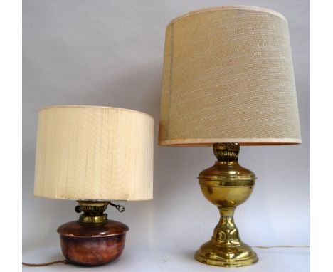A Messengers no.2 Patent Duplex copper and brass oil lamp (converted) with shade together with a brass one similar