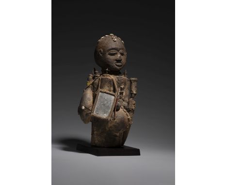 FON FIGURE, REPUBLIC OF BENINbocio wood, rope, mirror, gourds, metal, glass, cowries, beads, cloth, clay, sacrificial patinaH