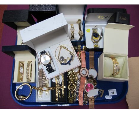 A Large Selection of Modern Gilt Coloured Ladies Wristwatches, including Rotary, Sekonda, Pulsar, Constant, etc:- One Tray