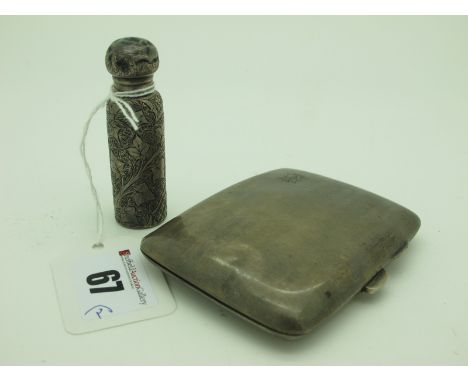 A Hallmarked Silver Cigarette Case, engine turned; together with a hallmarked silver scent bottle (damages) 6.5cm high. (2)