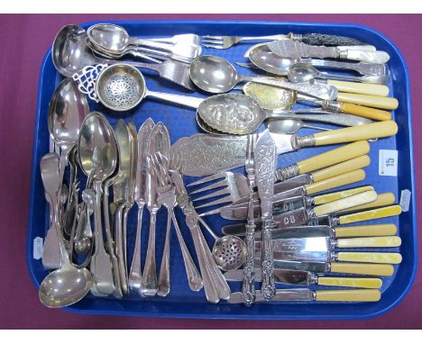 A Decorative Hallmarked Silver Handled (Filled) Butter Knife and Pickle Fork; together with assorted plated cutlery, includin