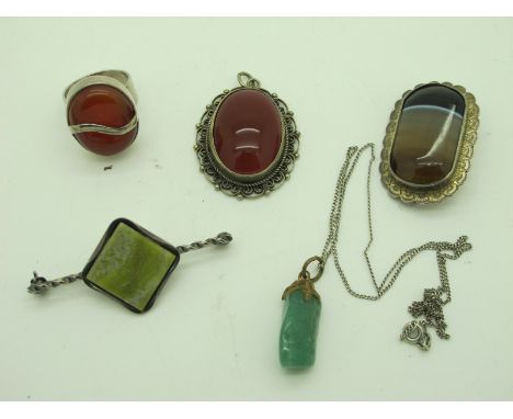 A Small Collection of Haradstone Inset Jewellery, including; rectangular inset bar brooch, stamped "Irish Sterling", an oval 