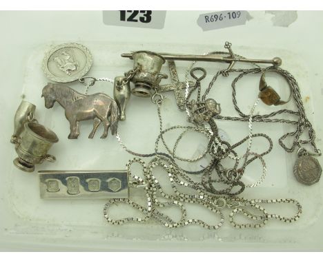 A Hallmarked Silver Ingot Pendant on Chain, a Celtic sword brooch, stamped "925", a small Pony brooch, a large St Christopher