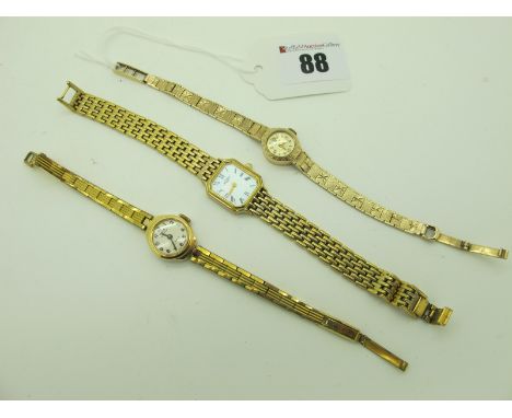 A Vintage 9ct Gold Cased Ladies Perona Wristwatch, to integral textured tapering bracelet with 9ct gold clasp; a Rotary gold 