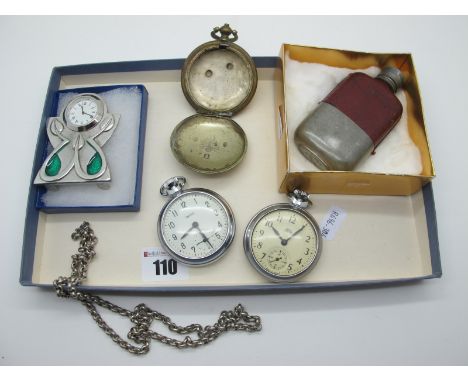 Smiths Openface Pocketwatches, small hip flask, miniature clock, etc.