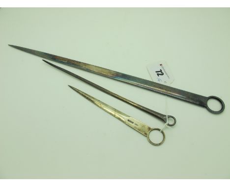 A Georgian Hallmarked Silver Meat Skewer, RC, London 1784, crested, 21.7 cm long; a smaller hallmarked silver skewer,15 cm lo