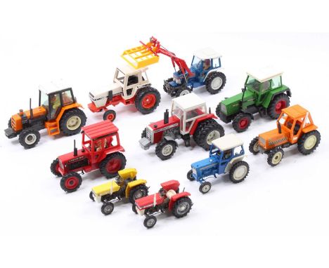 Collection of 10 various Britains and similar 1/32nd scale model tractors and implements, to include Renault 145-14, Ford 561