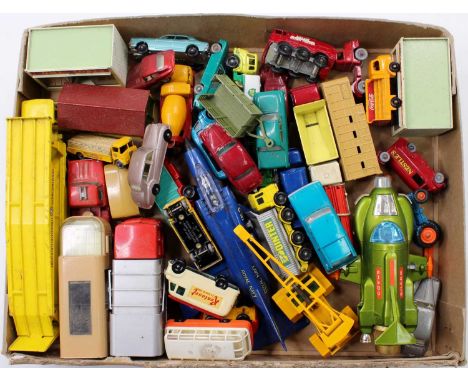 A small tray containing a collection of Matchbox Lesney 1-75's, with examples including No. 32 E Type Jaguar, No. 62 TV Servi