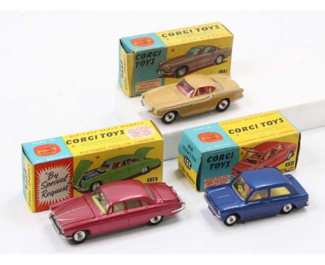 Corgi Toys boxed model group of 3 comprising No. 228 Volvo P1800 in light brown with a red interior, No. 238 Jaguar Mk10 in m