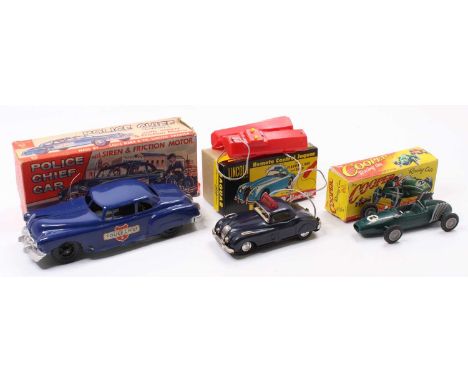 Marx and Lincoln International Toys boxed model group of 3 comprising a friction drive Marx Police Chief Car, and Cooper Raci